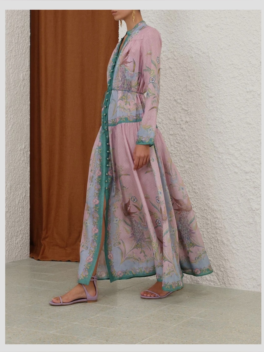 Zimmermann Indra Silk Floral Long Sleeve Maxi Dress with Teal Trim